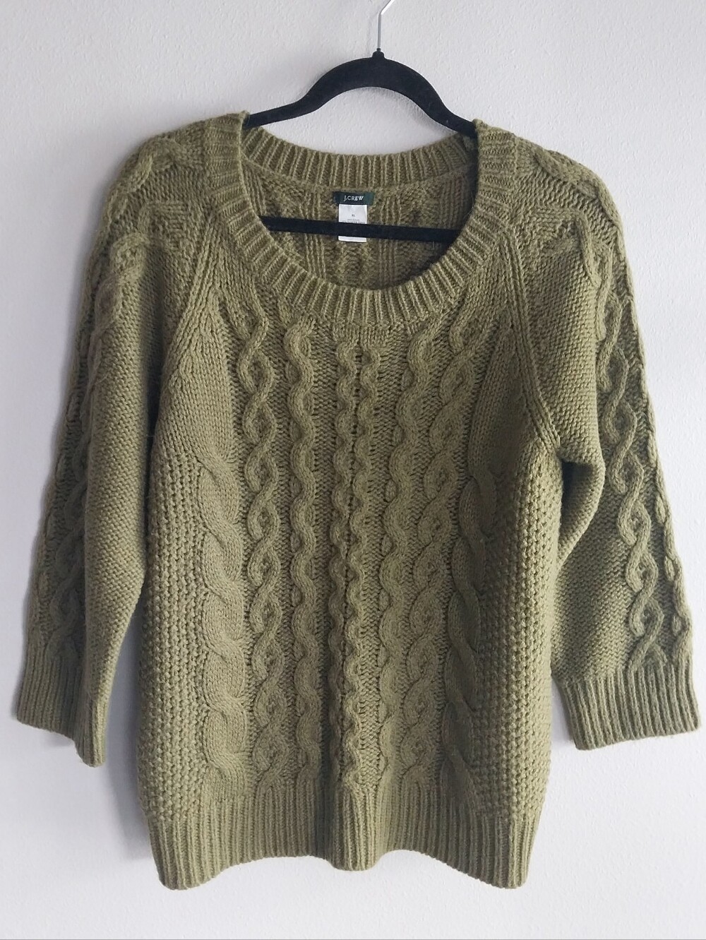 J. Crew Vintage Olive Green Cable Knit Alpaca Wool Blend Scoop Neck Sweater